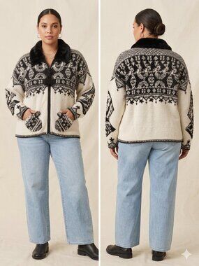 Elana Carello Vintage Nordic Fair Isle Knit Faux Fur Collar Jacket Sweater L NWT